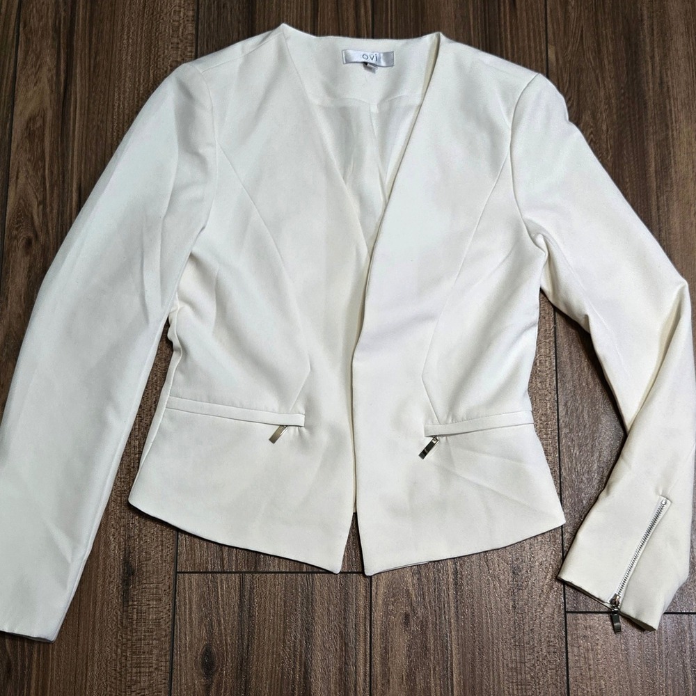 Ovi Womens Cream Blazer Jacket Size S Open‎ Front Collarless Zip Pockets
